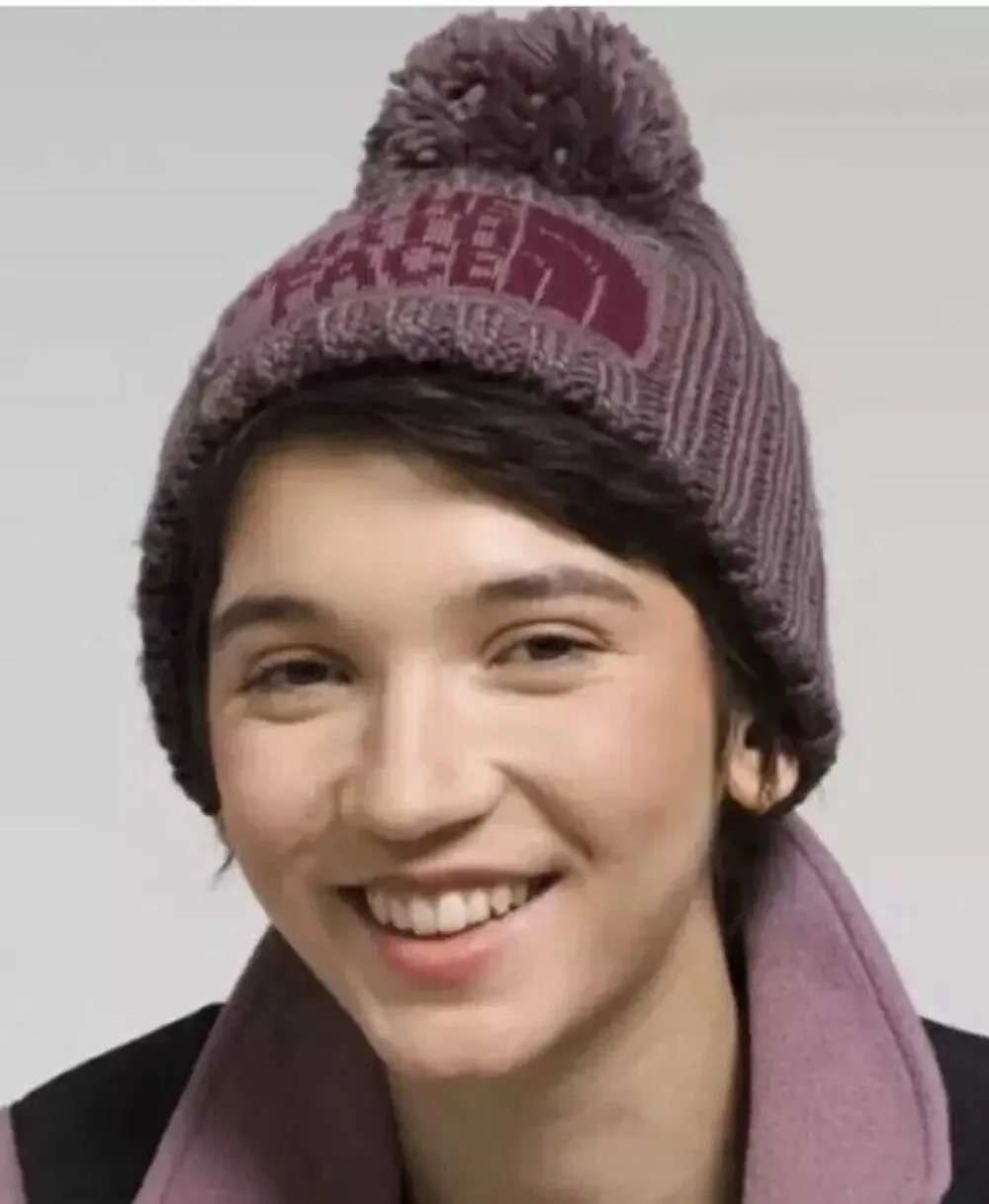 The North Face Heritage Ski Tuke Hat Fawn Grey/Boysenberry Beanie Logo Pom Pom